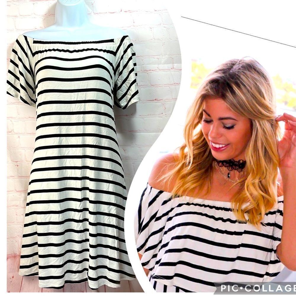 Bellamie-Off shoulder striped tent stretchy mini dress pockets